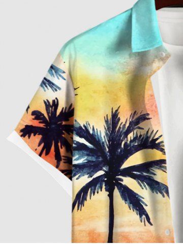 Plus Size Coconut Tree Parachute Ombre Tie Dye Print Buttons Pocket Hawaii Shirt For Men
