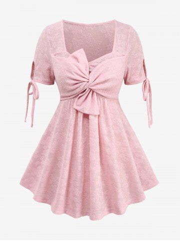 Plus Size Twist Bowknot Textured Jacquard Floral Tied Sleeves Solid Top - LIGHT PINK - L | US 12