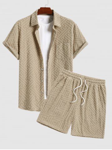Men's Matching Two Piece Co Ord Terry Cloth Toweling Jacquard Textured Front Pocket Design Short Sleeves Shirt and Shorts Set - LIGHT COFFEE - XL
