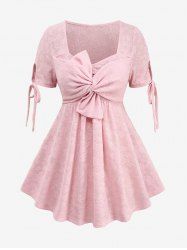 Plus Size Twist Bowknot Textured Jacquard Floral Tied Sleeves Solid Top -  