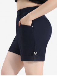Plus Size Roll Tab Hem Heart Buckle Decor Solid Pocket Shorts -  