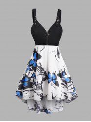 Butterfly Print High Low O Ring Zipper Buckle Strap Midi Dress -  