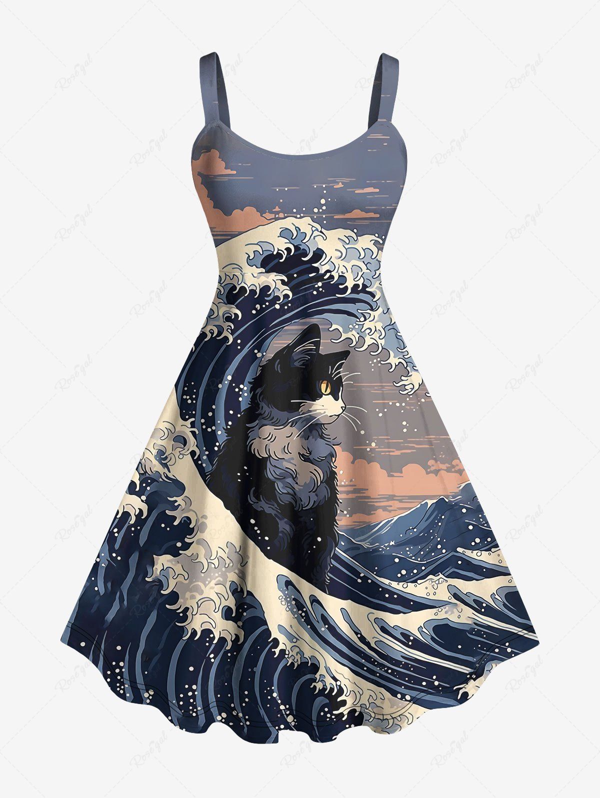Affordable Plus Size Cat Sea Waves Cloud Print Tank Dress  