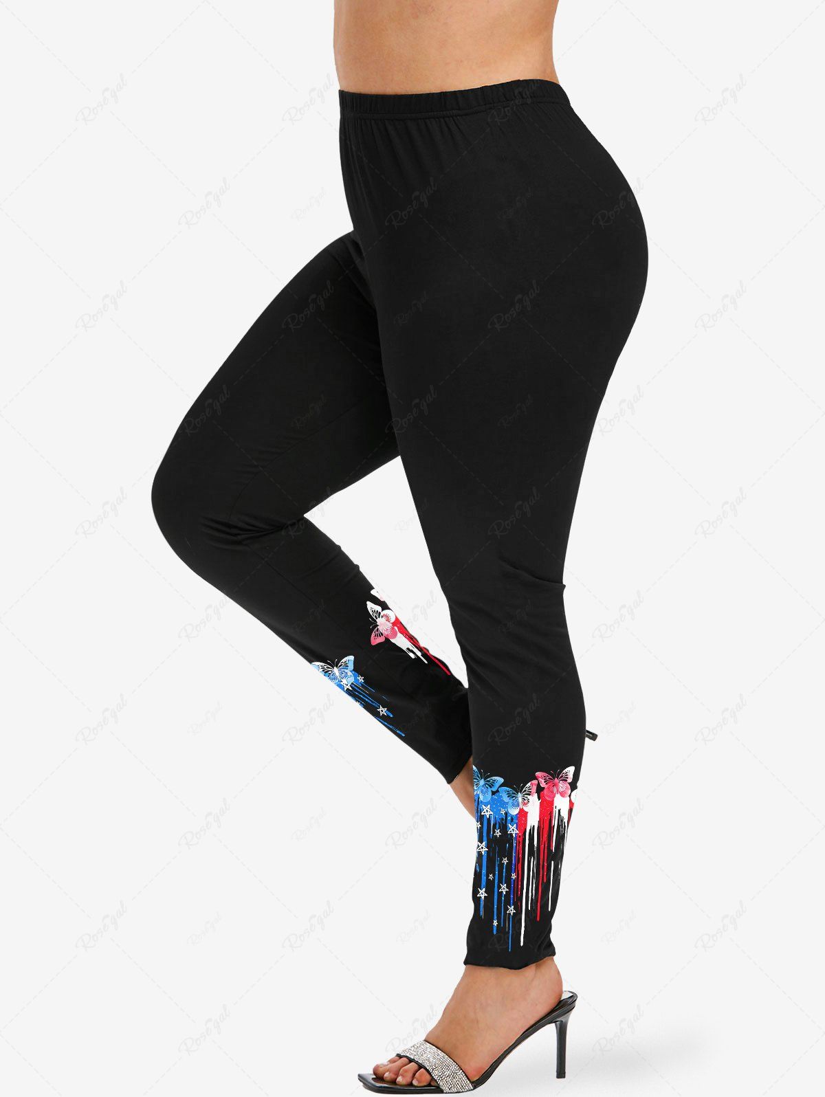 Outfit Plus Size Patriotic American Flag Butterfly Heart Paint Drop Blob Print Leggings  