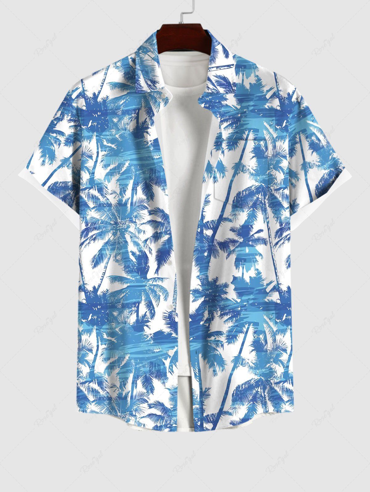 Hot Plus Size Coconut Tree Water Ripples Print Buttons Pocket Hawaii Shirt For Men  