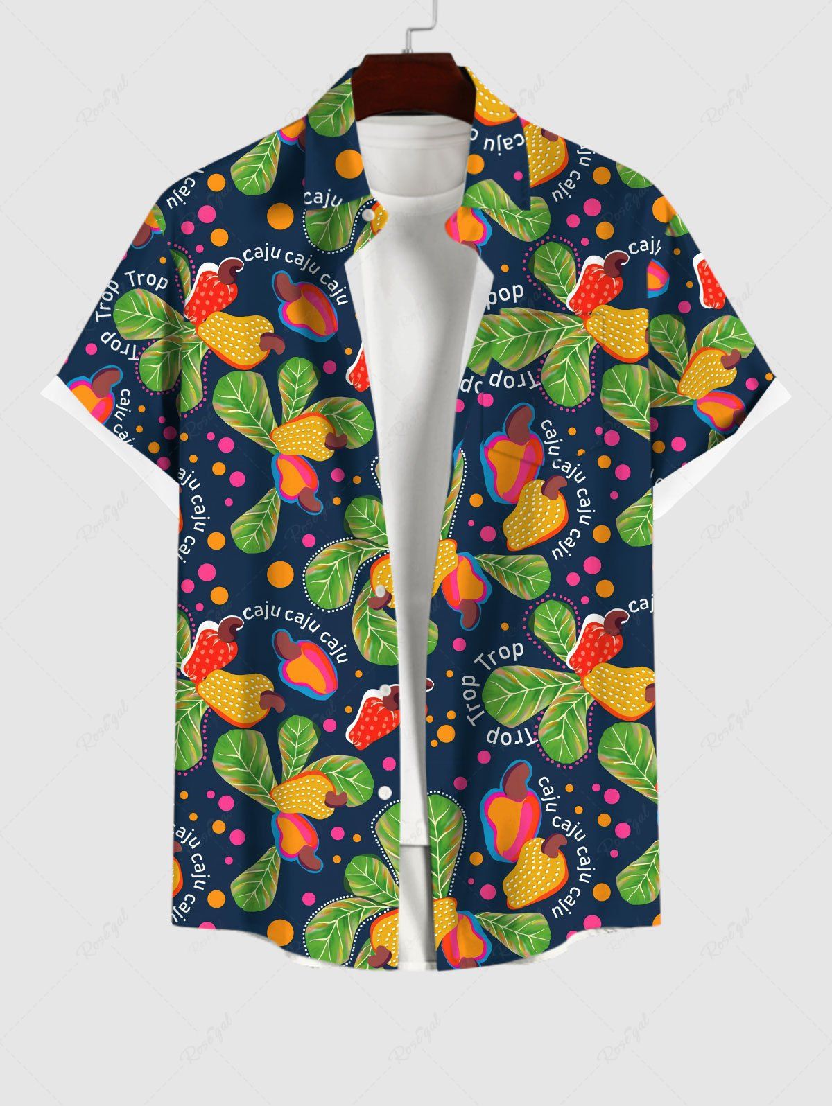 Outfits Plus Size Cashew Leaf Colorful Polka Dot Print Hawaii Button Pocket Shirt For Men  