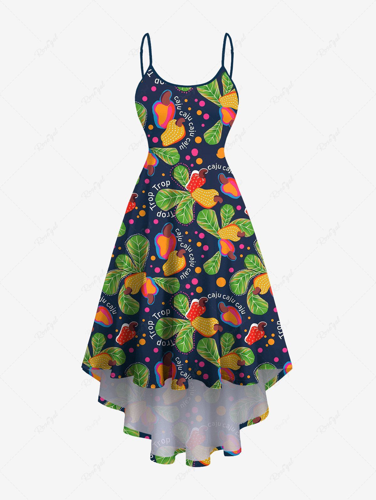 Outfit Plus Size Cashew Leaf Colorful Polka Dot Print Hawaii High Low Asymmetric A Line Backless Cami Dress  