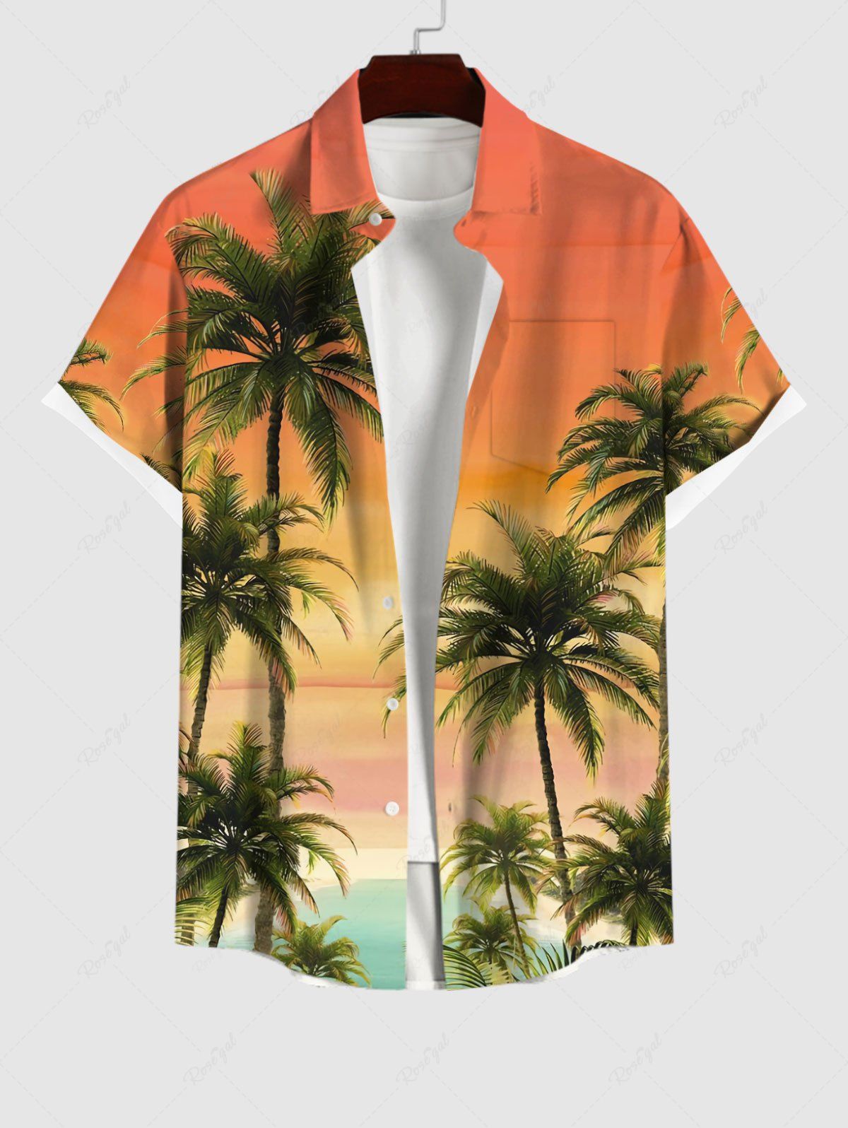 Discount Plus Size Coconut Tree Sea Ombre Sky Print Buttons Pocket Hawaii Shirt For Men  