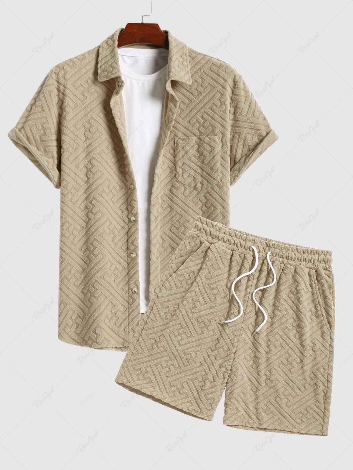 Cheap Men's Matching Two Piece Co Ord Terry Cloth Toweling Jacquard Textured Front Pocket Design Short Sleeves Shirt and Shorts Set  