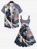 Plus Size Cat Sea Waves Cloud Print Tank Dress -  