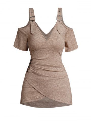 Cold Shoulder Crossover Mock Button Ruched V Neck Buckle Strap T-shirt - LIGHT COFFEE - XXL