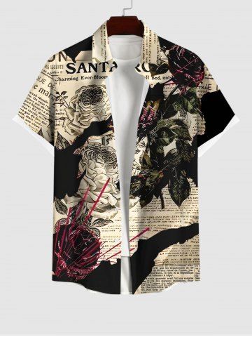 Plus Size Rose Flower Leaves Newspaper Print Buttons Pocket Shirt For Men - BLACK - S