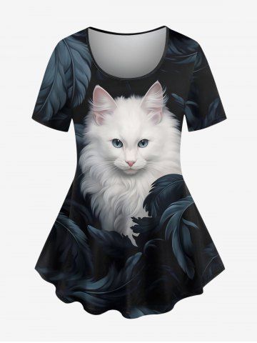 Plus Size Cat Feathers Print T-shirt - BLACK - S