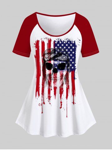 Plus Size Patriotic American Flag Skull Paint Drop Blobs Print Raglan Sleeve T-shirt - WHITE - S