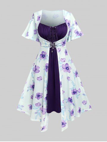 Plus Size Flutter Sleeves Floral Dress and Lace-up A Line Cami Dress Set - CONCORD - L | US 12