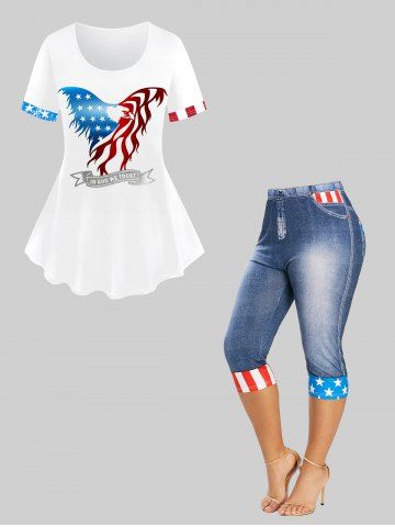 Patriotic American Flag Eagle Butterfly Ribbon Print T-shirt and Capri Leggings Plus Size Matching Set - WHITE