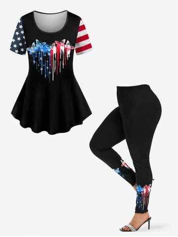 Patriotic American Flag Butterfly Stars Heart-Shape Stripe Print T-shirt and Leggings Plus Size Matching Set - BLACK