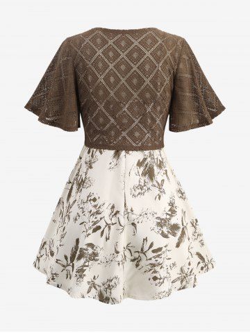 Plus Size Floral Leaf Print Keyhole Ruched Cami Top and Lace Crochet Open Front Blouse Set