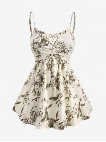 Plus Size Floral Leaf Print Keyhole Ruched Cami Top and Lace Crochet Open Front Blouse Set