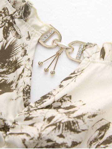 Plus Size Floral Leaf Print Keyhole Ruched Cami Top and Lace Crochet Open Front Blouse Set