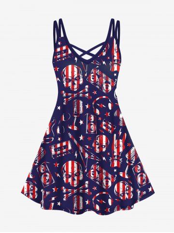 Plus Size Patriotic American Flag Skulls Earphone Microphone Tape Print Crisscross Cami Dress - DEEP BLUE - S