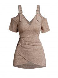 Cold Shoulder Crossover Mock Button Ruched V Neck Buckle Strap T-shirt -  
