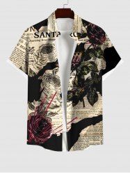 Plus Size Rose Flower Leaves Newspaper Print Buttons Pocket Shirt For Men -  