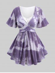 Haut Tunique Drapé en Jacquard avec Empiècements en Dentelle Motif Roses Grande-Taille - Pourpre  4X | US 26-28