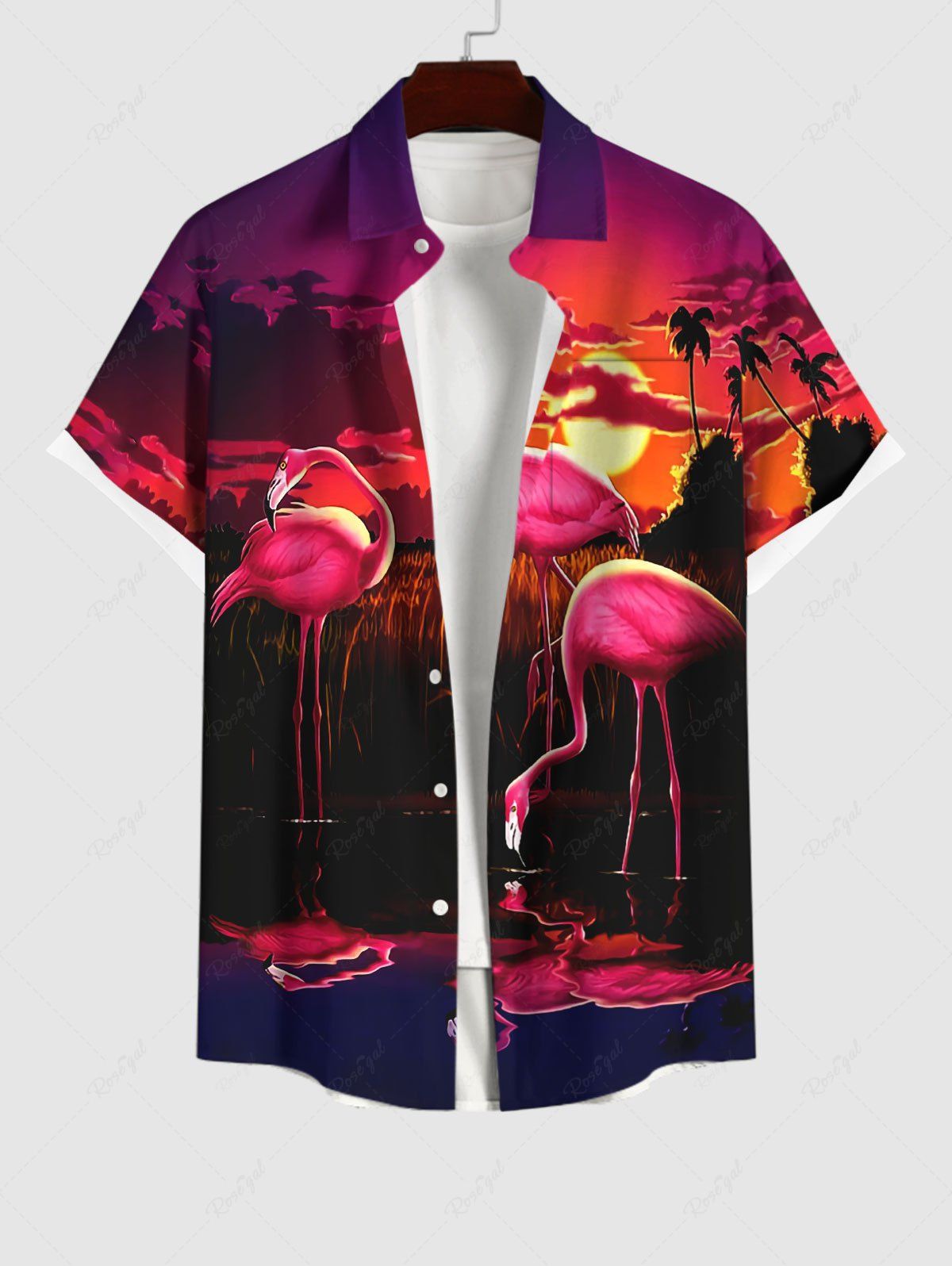 Unique Plus Size Flamingo Water Reflection Sun Cloud Print Buttons Pocket Hawaii Shirt For Men  