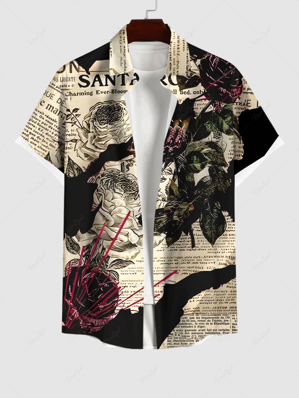 Online Plus Size Rose Flower Leaves Newspaper Print Buttons Pocket Shirt For Men  