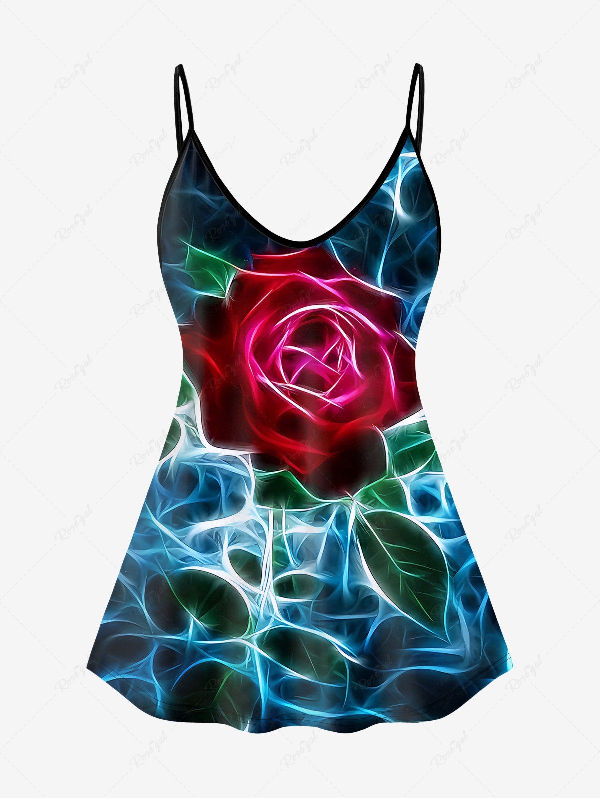 Hot Plus Size Rose Flower Leaves Water Ripples Glitter 3D Print Cami Top (Adjustable Shoulder Strap)  