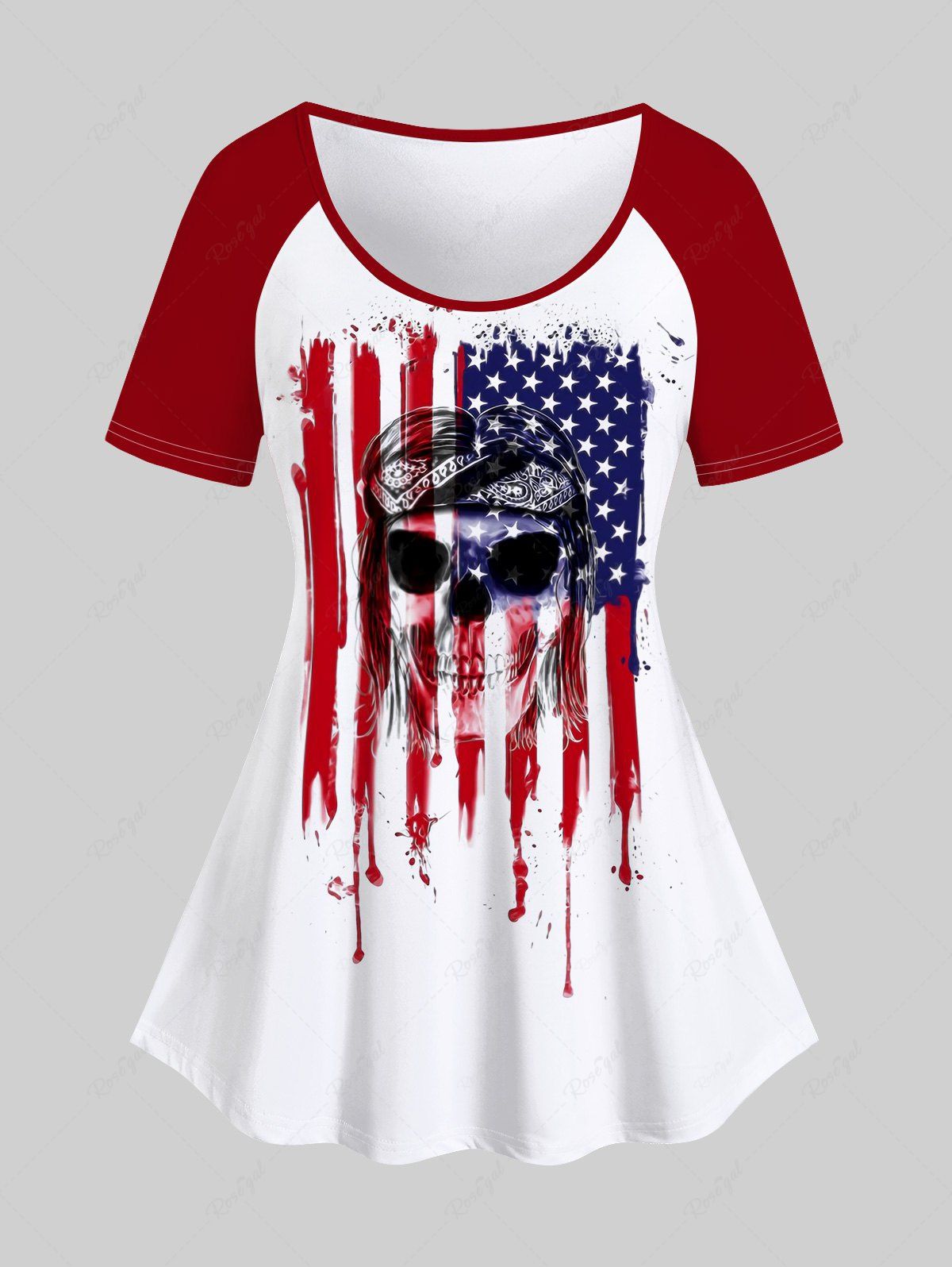 Shops Plus Size Patriotic American Flag Skull Paint Drop Blobs Print Raglan Sleeve T-shirt  