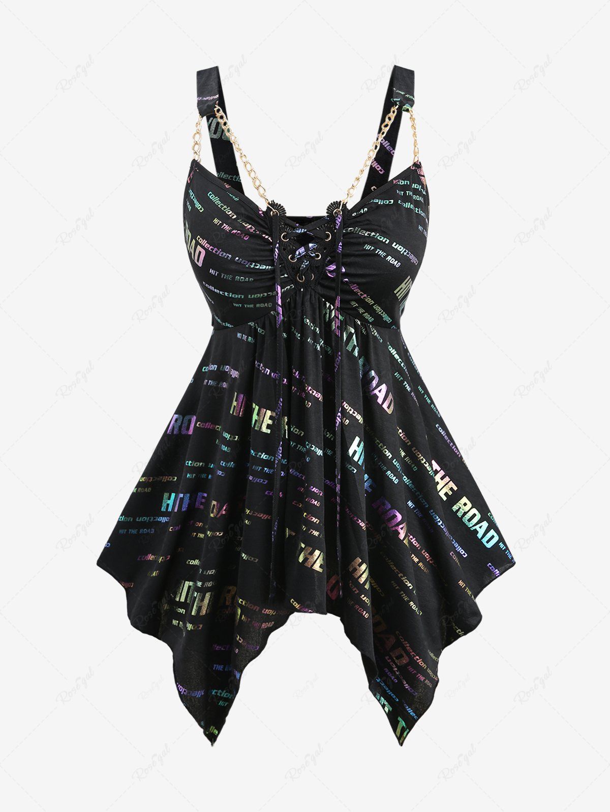 Débardeur Mouchoir Ombré Lettre Imprimée sans Dos de Grande Taille à Paillettes à Lacets Noir 4X | US 26-28
