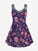 Plus Size Patriotic American Flag Skulls Earphone Microphone Tape Print Crisscross Cami Dress -  