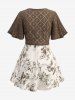 Plus Size Floral Leaf Print Keyhole Ruched Cami Top and Lace Crochet Open Front Blouse Set -  