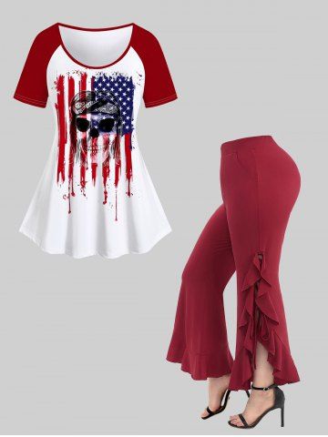 Patriotic American Flag Skull Paint Drop Blobs Print T-shirt and Lace Up Braided Flounce Pockets Solid Pants Plus Size Outfit - WHITE