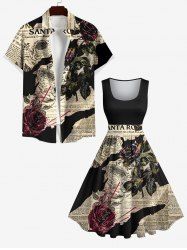 Rose Flower Leaf Newspaper Print Plus Size Matching Set For Couples -  