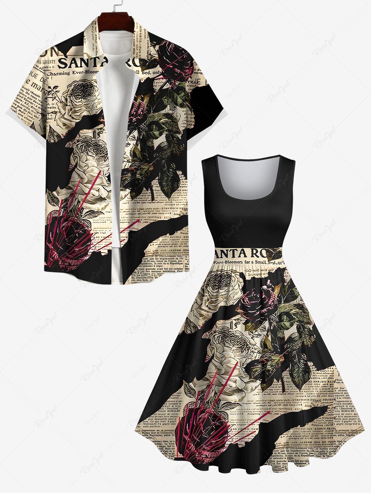 Sale Rose Flower Leaf Newspaper Print Plus Size Matching Set For Couples  