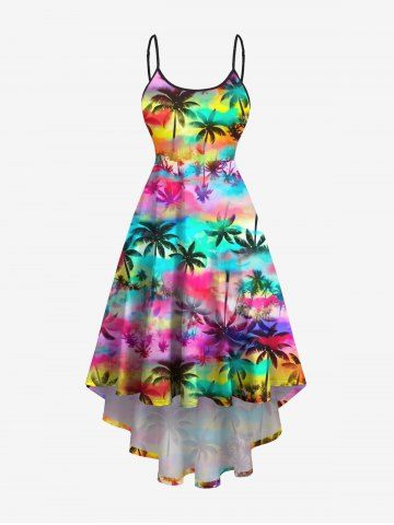 Plus Size Colorful Ombre Coconut Tree Print Hawaii High Low Asymmetric A Line Cami Dress - MULTI-A - XS