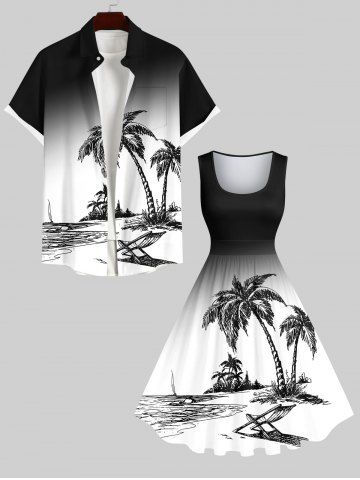Coconut Tree Beach Lounge Chair Ombre Print Plus Size Matching Hawaii Beach Outfit For Couples - BLACK