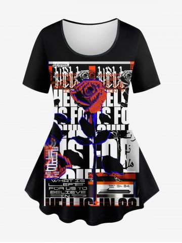 Plus Size Newspapaer Typesetting Rose Flower Letters Print T-shirt - BLACK - M