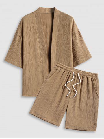 Men's Matching Two Piece Co Ord Cotton and Linen Solid Color Open Front Kimono and Shorts Set - COFFEE - S