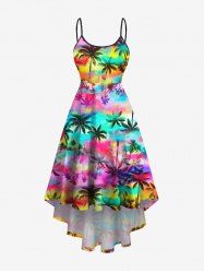 Plus Size Colorful Ombre Coconut Tree Print Hawaii High Low Asymmetric A Line Cami Dress -  