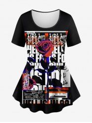 Plus Size Newspapaer Typesetting Rose Flower Letters Print T-shirt -  