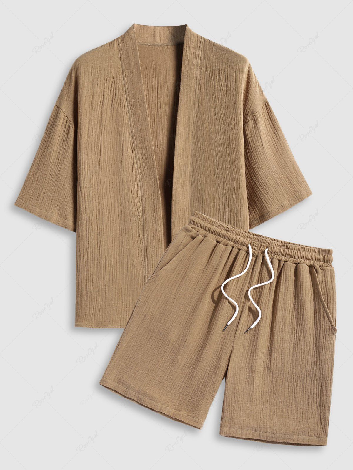 Store Men's Matching Two Piece Co Ord Cotton and Linen Solid Color Open Front Kimono and Shorts Set  
