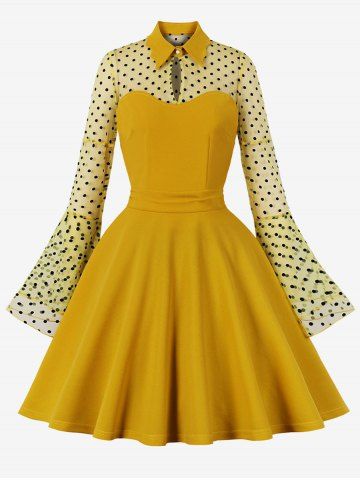 Plus Size Polka Dot Sheer Mesh Patchwork Keyhole Neck Flare Sleeve Vintage Dress - YELLOW - M