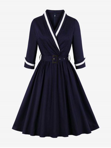 Plus Size Surplice Zipper Back Vintage Dress With Belt - DEEP BLUE - L