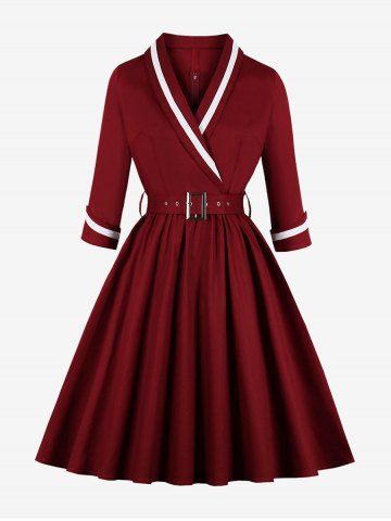 Plus Size Surplice Zipper Back Vintage Dress With Belt - RED - 2XL