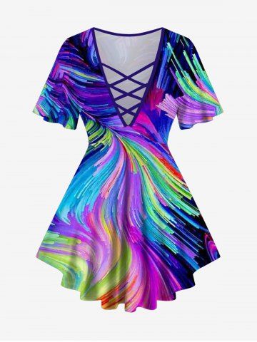 Plus Size Light Beam Paint Brushing Ribbon Print Lattice T-shirt - MULTI-A - L