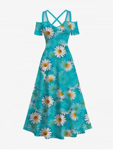 Plus Size Cold Shoulder Ombre Daisy Flower Print Crisscross A Line Dress - GREEN - 6X